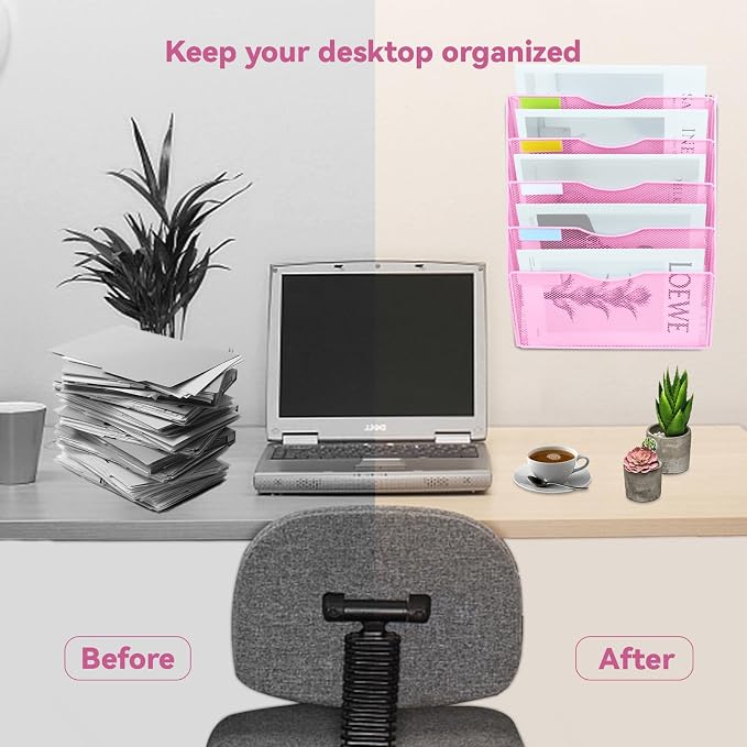 5 Pockets Mesh Wall File Holder Organizer Office Hanging File Folder Magazine Rack, Nametag Label Hooks Set Included (Pink) - Image 5