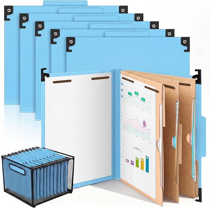 Henoyso 10 Pcs Hanging Classification Folders,3 Pocket Dividers,Light Blue | Letter Size, Hanging File Folders with 3 Pockets, 4" Expansion, 8 Prong Fasteners, 1/3 Tab Cut, 8 Sections, Pressboard Manila by Henoyso