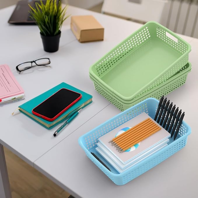 8 Pack Classroom Storage Baskets 15''x10''x3'' Large Plastic Paper Trays with Handle Letter Size A4 Paper Toy Basket Turn in Trays for Library Office Desk Drawer Organizing (8, Pastel Color) - Image 7