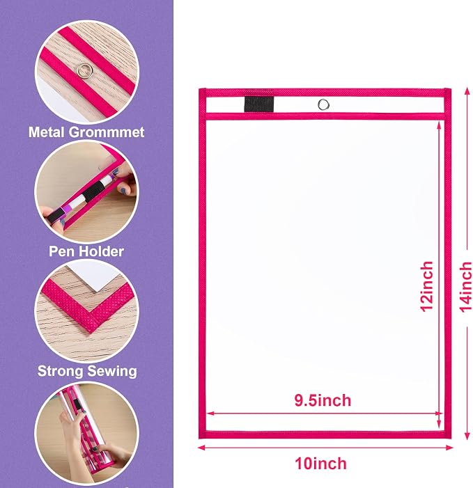 Nezyo Dry Erase Pockets Plastic Job Ticket Holders Shop Holder Order Pockets Clear Sleeves Tickets Folders Plastic Sleeves Paper Teacher Supplies for Classroom(14 x 10 in,Rose Red,50 Pcs) - Image 2