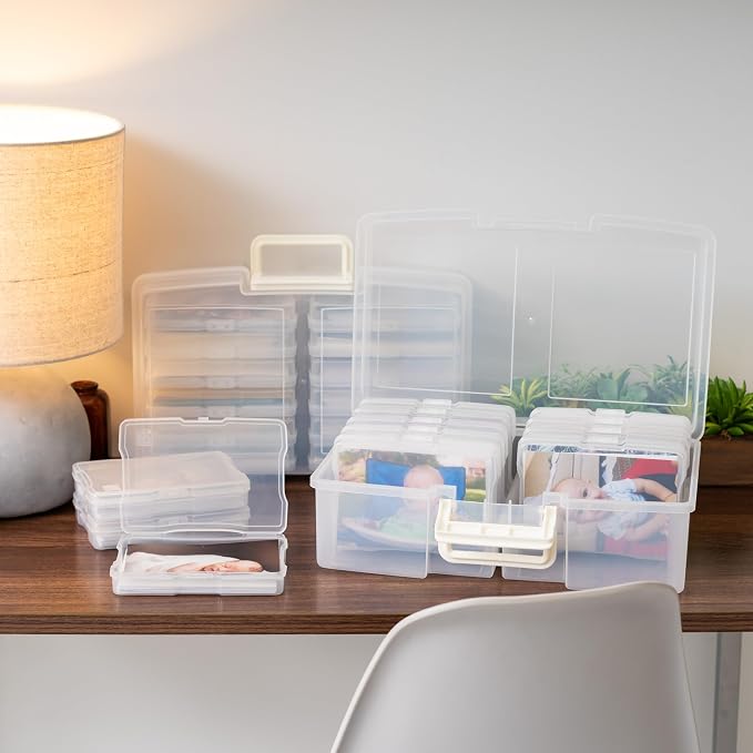 IRIS USA Photo Storage Box |Made in USA| 12 Cases - (2-Pack) - Clear | Fits 4" x 6" Pictures / Built-In Handle / Organizing Containers for Tasks, Stickers, Ephemera & Flashcards - Image 4