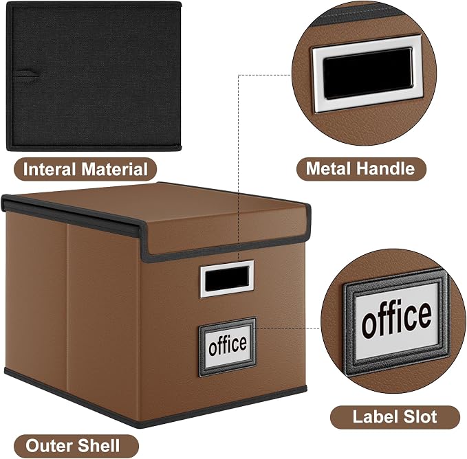 File Organizer Box with Lids, Collapsible File Folder Organizer | File Box with Plastic Slides for Document, Filing Bin for Letter Size Hanging File Folders (4 Pack, Brown, Leather) - Image 4