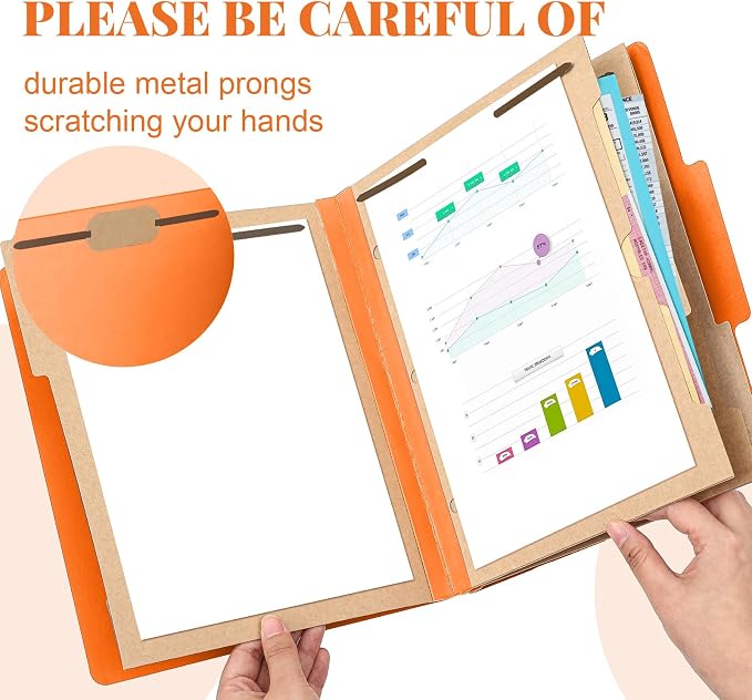 Skyygemm 12 Pcs Classification Folders 3 Pocket Dividers Letter Size Employee File Folder with 2 Prong Fasteners 2 in Expansion Pressboard Medical Document Organizers Bulk for School Office(Orange) - Image 3