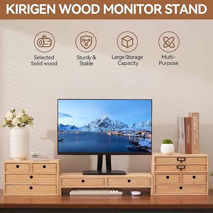 KIRIGEN Solid Wood Monitor Stand with 2 Drawers, Desk Riser, Natural PMJ-NA | Desktop Organizer with Cable Opening and Pen Slots Stores Office Supplies, Supports Up To 50 Lb and Arrives Fully Assembled. - Image 5