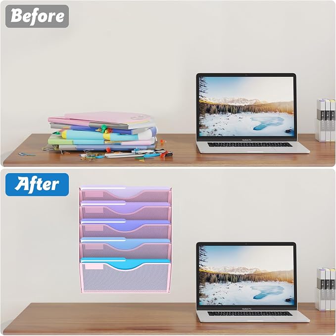 Gawerk 5 Tier Hanging Wall File Organizer, Mesh Mail Paper Orgnization Hanging File Folder Holder for Home Office, Pink - Image 5