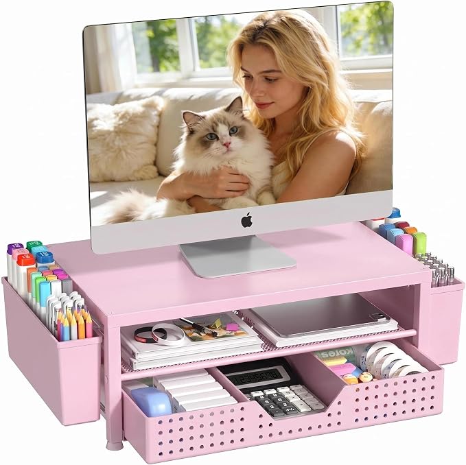 Desk Organizers and Accessories, Computer Monitor Stand Riser with Drawer and 2 Pen Holders, Printer & Laptop Stand, Office Desk Accessories & Workspace Organizers for Home Office Supplies, Pink by OPNICE