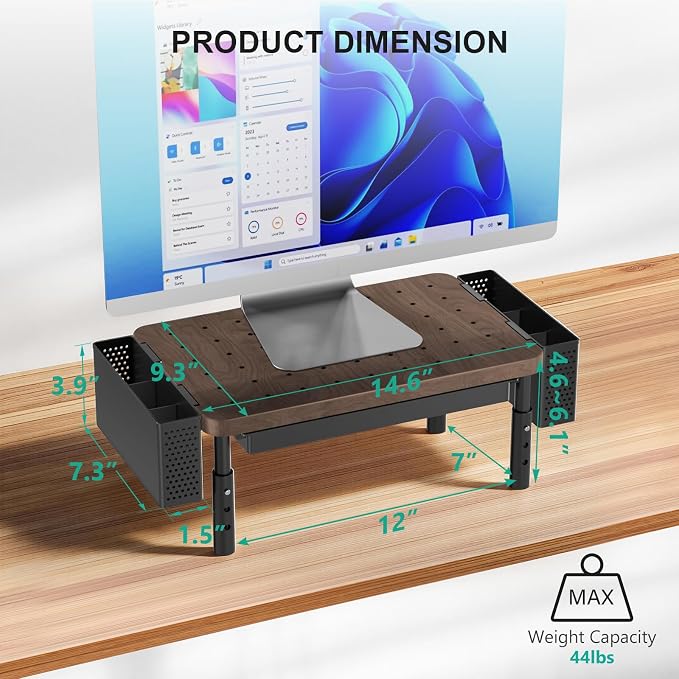 WALI Plastic Computer Monitor Stand with Storage, Desk Organizer with Drawer and Pen Holder, Desk Monitor Riser 3 Height Adjustable, Laptop Riser for Computer, Laptop, Printer(PTT003-C), 1 Pack, Brown - Image 2