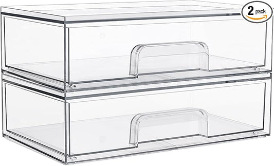 Vtopmart Clear Stackable Storage Drawers, 2 Pack Wide Plastic Organizers | Clear Pull-Out Plastic Drawers, Stackable Design for Makeup Palettes, Cosmetics, Beauty Supplies, Vanity, Cabinet and Desk by Vtopmart