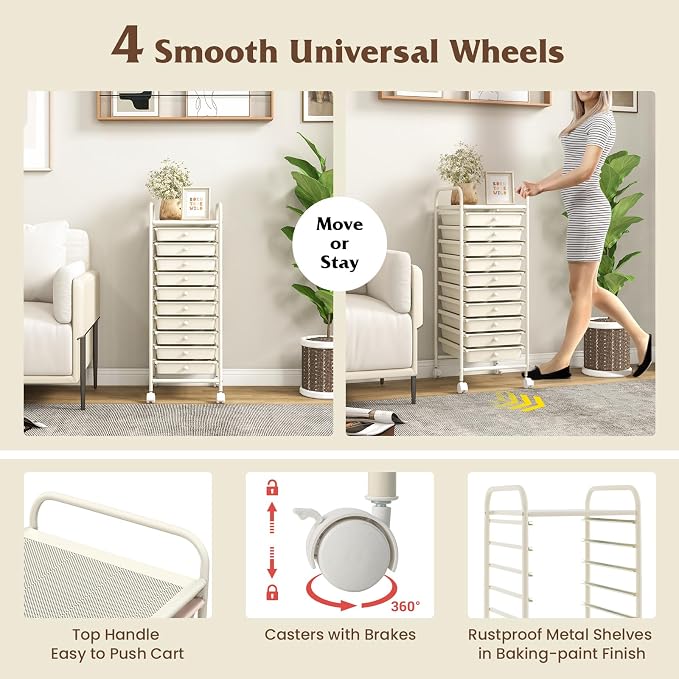 Storage Cart, Rolling Utility Cart with 10 Drawers, Portable Handles & Lockable Wheels, Mobile Paper Toys Storage Organizer Large Capacity for Home Office School Teacher (White) - Image 5