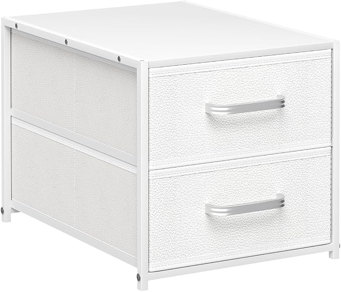 Stackable Storage Drawers - 2 Tier Closet Organizer with Metal Handles and Metal Frame, Collapsible Fabric Bins Dresser for Bedroom, Dorm, Office, White, 1 Pack by Homsorout