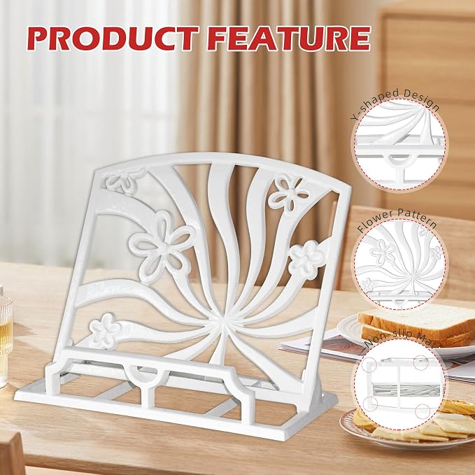 Elegant Cookbook Stand Cast Iron, Kitchen Decorative Metal Recipe Book Holder for Bible, Prayer Book Stand, Magazine, Textbooks, Vintage Cookbook Stand for Kitchen Counter, White - Image 3