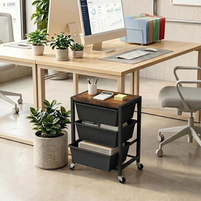 Rolling Cart with 3 Drawers, Plastic Drawer Storage Carts with Lockable Wheels & Wooden Tabletop, Metal Art Craft Utility Cart Organizer for Home Office Bedroom Dorm Bedside Classroom, Dark Black - Image 6