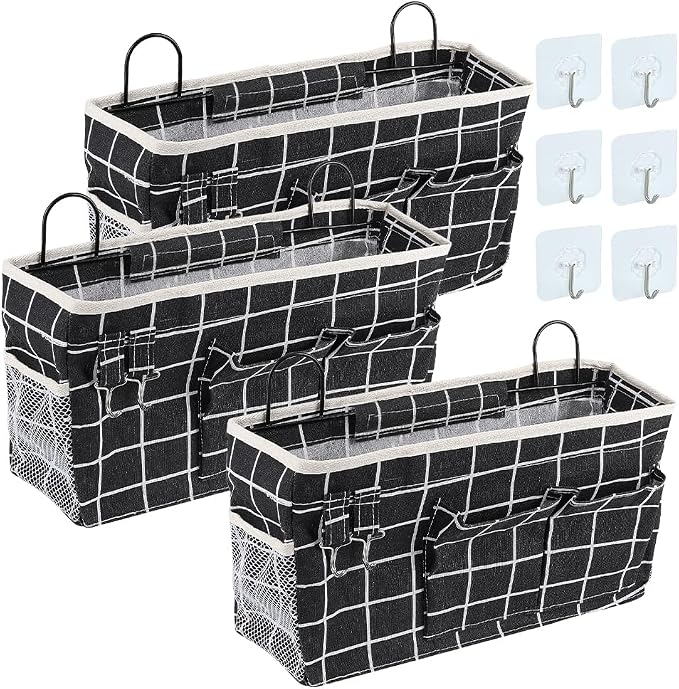 WADORN 3 Sets Wall Hanging Storage Bag, Multifunctional Door Closet Hanging Storage Basket with 6 Sticky Hooks Dorm Room Bedside Caddy Organizer for Bedroom Kitchen Bathroom, Black by WADORN