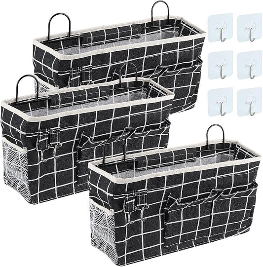 WADORN 3 Sets Wall Hanging Storage Bag, Multifunctional Door Closet Hanging Storage Basket with 6 Sticky Hooks Dorm Room Bedside Caddy Organizer for Bedroom Kitchen Bathroom, Black by WADORN