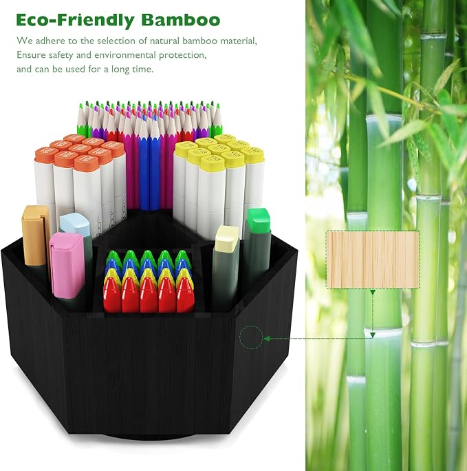 Colored Pen Pencil Holder Organizer for Desk with 7 Compartments | Bamboo Rotating Art Supply Organizer, Office Supplies Desktop Storage Caddy, Marker Holder Organizer Black - Image 5
