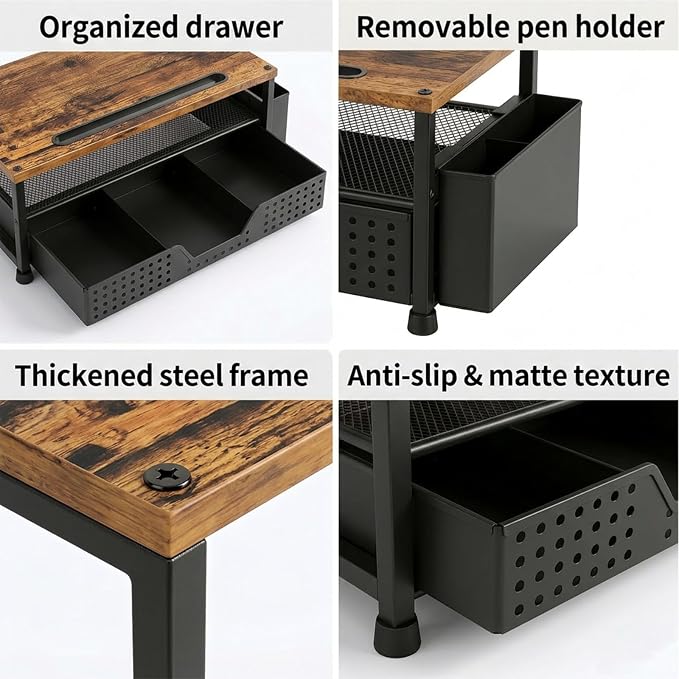 Desk Organizer and Accessories, 2-Tier Computer Monitor Stand Rise with Phone Holder, Drawer & 2 Pen Holders, Laptop & Printer Stand for Desktop, Workspace Organizers for Office Supplies (Brown Wood) - Image 8