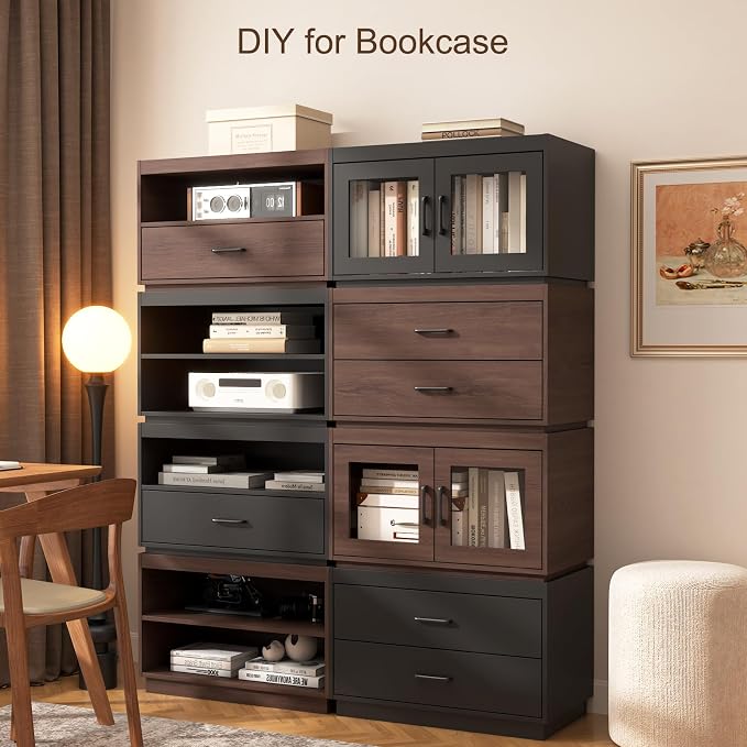 Stackable Storage Drawers, 28" Wide Storage Bins with 2 Doors | Closet Organizer, Wood Stackable Closet Organizer Modern Large Stackable Storage Units for Living Room Hallway Bedroom, Brown - Image 6