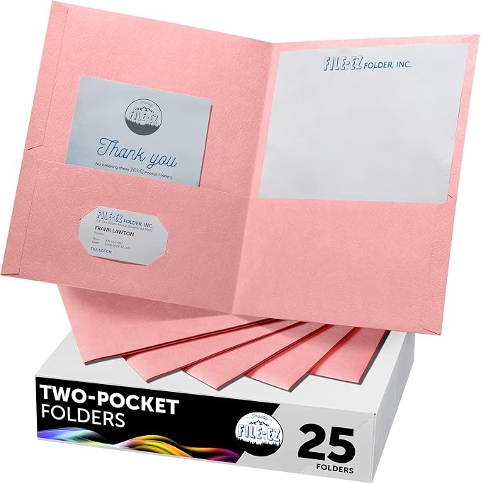 FILE-EZ Two-Pocket Folders, Pink Color, 25-Pack, Durable Textured Paper with Matte Finish, Letter Sheet Size (EZ-32590) by FILE-EZ