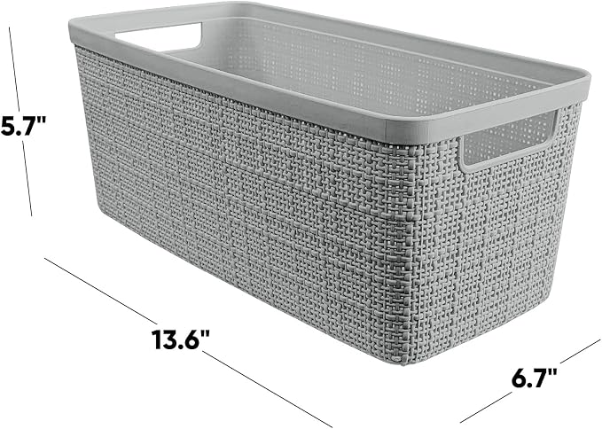 Curver Set of 8 Slim 6.8L Jute Decorative Plastic Organization and Storage Baskets - Perfect Bins for Home Office, Closet Shelves, Kitchen Pantry and All Bedroom Essentials, Grey - Image 2