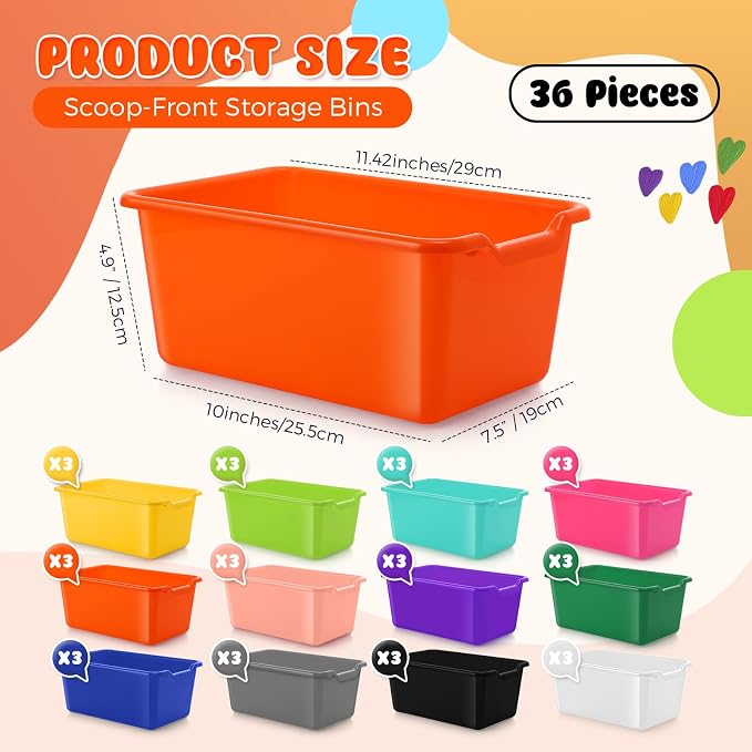 36 Pcs Plastic Book Bins for Classroom Library Colorful Scoop Front Cubby Bins Stackable Toy Storage Containers with Handles for School Home Office Nursery Daycare (Bright Color) - Image 2