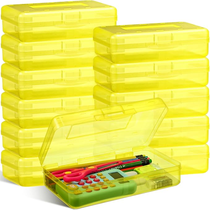 Fainne 24 Pack Pencil Boxes for School Clear Plastic Pencil Case Large Plastic Crayon Box Bulk Stackable Classroom Stationery Organizer School Supplies(Yellow) by Fainne