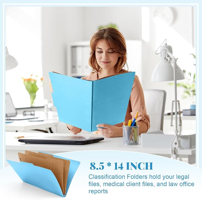 AmazingSpark 12 Pcs Legal Size Classification Folders Bulk 2 Dividers Pressboard File Folder with Expansion 2 Prongs Fastener Heavy Duty Office File Organizer for School Hospitals Home (Light Blue) - Image 5