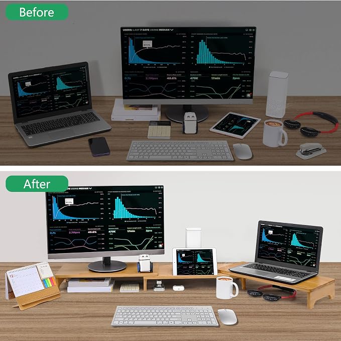 Nnewvante Monitor Stand Riser 60 inch Bamboo Dual Monitor Stand for Desk | Adjustable Length Angle, 3 Shelves Desktop Screen Riser, For Computer Laptop PC - Image 5