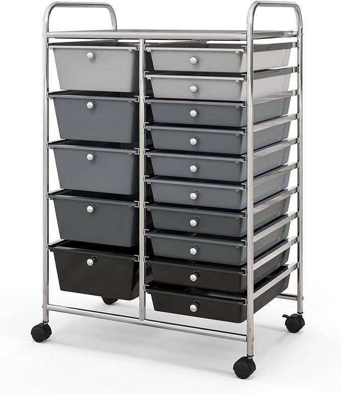Moccha 15-Drawer Rolling Storage Cart - Under Desk Storage Drawers with wheels for Craft Art Supply Paper Salon, Scrapbook Paper Tools, Mobile Utility Cart for Classroom (15 Drawers, Gradient Grey) by LDAILY