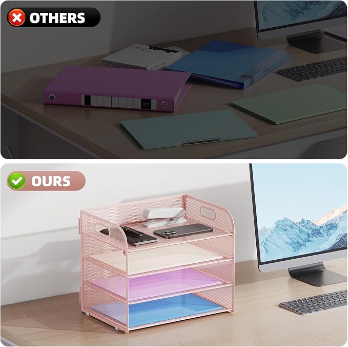 Marbrasse 4 Tier Paper Organizer Letter Tray - Mesh Desk File Organizer with Handle, Paper Sorter Organizer for Letter/A4 Office File Folder Holder (Pink, 12.6" x 9.1" x 10.7") - Image 2