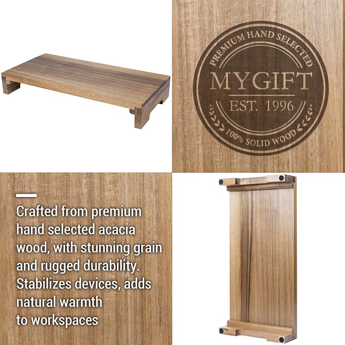 MyGift Premium Acacia Solid Wood Desk Monitor Stand, Laptop Riser & Keyboard Storage – Wooden Desktop Organizer for Screen Display and Workspace Organization - Image 2