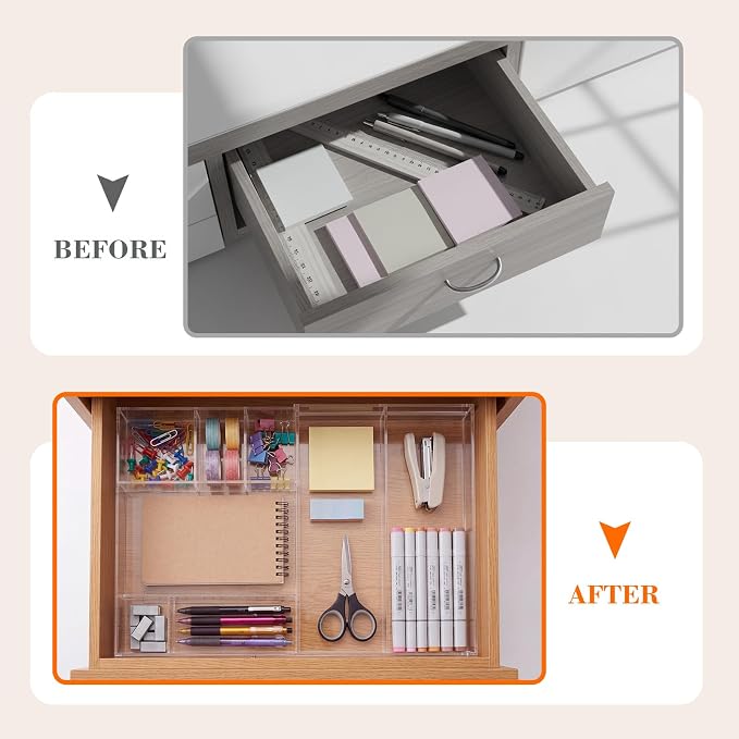Briwooody Clear Acrylic Drawer Organizer Expandable,11 Compartments,Small | 9'' up to 18'' x 12'' x 2.1'' Desk Drawer Organizer Trays Adjustable with Desk Accessories for Makeup Office Bathroom - Image 3