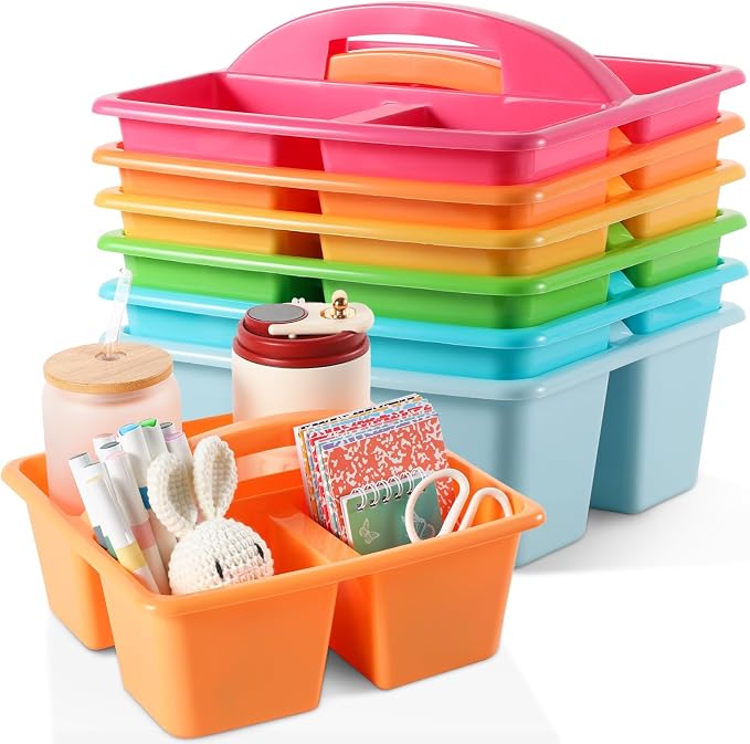 6 Pack 3 Compartment Small Caddy Plastic Classroom Organizer with Handle Portable Teacher Supply Storage Caddy Craft Art Caddies for Pencil, Crayon, Marker, Home, Office, School Supplies(Multicolored) by Yakydesign