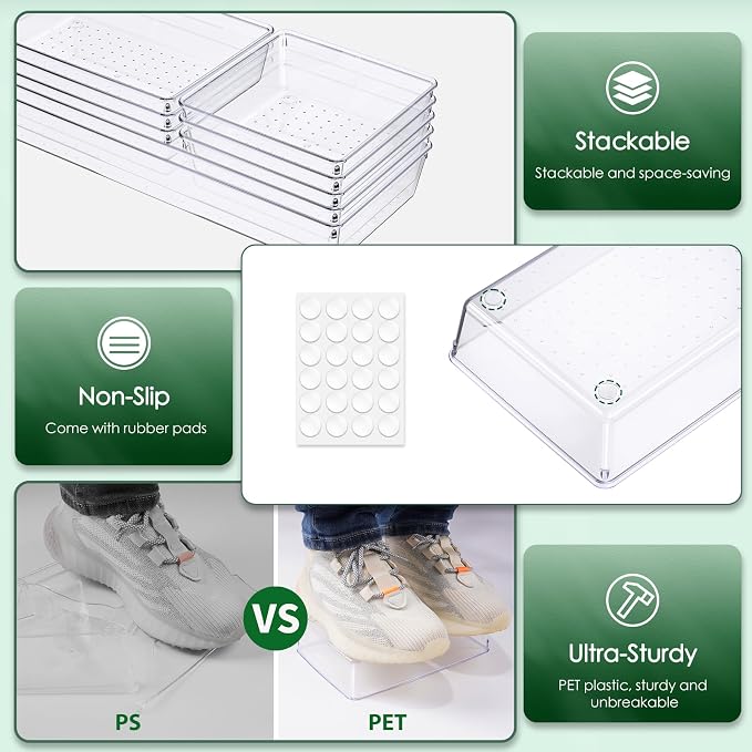 Drawer Organizer Set, Acrylic Non Slip Non Cracking Kitchen Drawer Storage Tray Large Size Divider, Multifunctional Storage for Cosmetics, Bathroom, Tools, Kitchen and Office (8 PACK) - Image 2