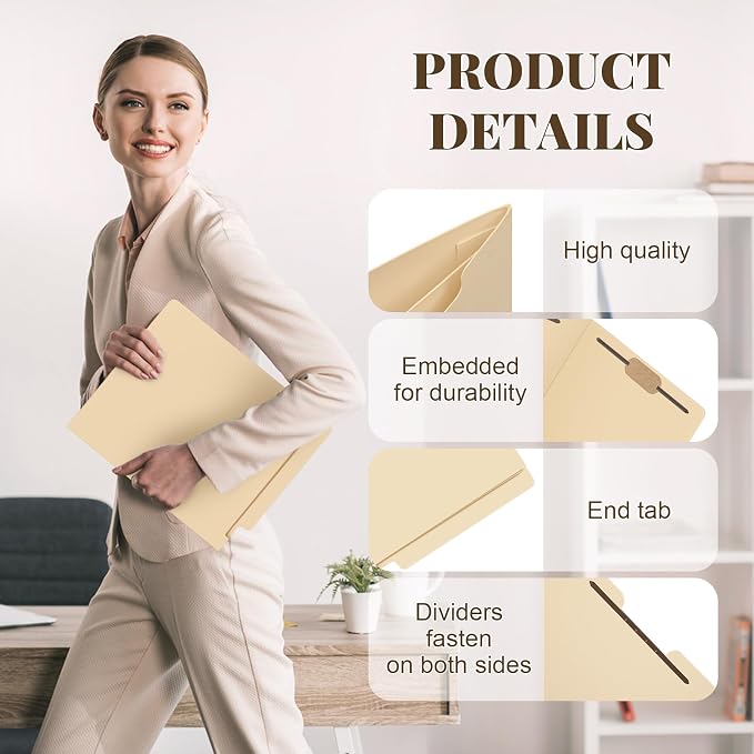 Skyygemm 24 Pack Classification Folders, Letter Size,1 Dividers,Beige | Pressboard File Folders, 2 Prong Fasteners, 2" Expanding, Manila, End Tab, for Office School Legal Records Medical - Image 3
