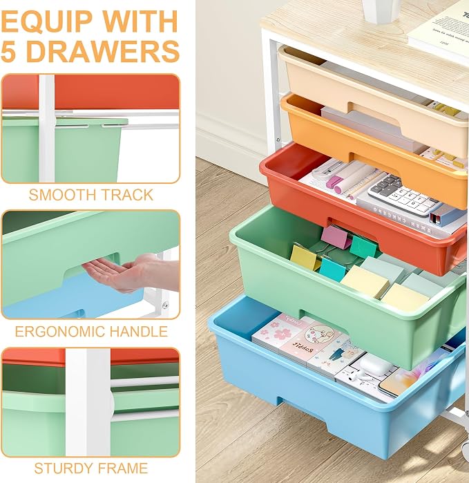 SYKIARIOL Utility Cart with Drawers,5 Drawers Storage Cart,Macaron | 5-Tiers Storage Cart with Drawers with Lockable Wheels for Craft Organizers and Storage,Home Office,Classroom,Dorm,Playroom - Image 4