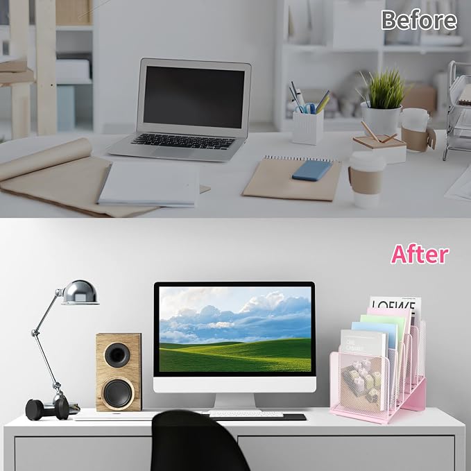 LEKETREE File Organizer for Desk, Desk Organizer with 5-Section Vertical File Rack, Folder Organizer,Workspace Organizers (Pink) - Image 3