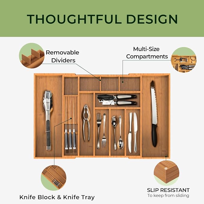 keechee Carbonized Large Bamboo Kitchen Drawer Organizer, 12 Slots Expandable Silverware Organizer, Utensil Holder & Cutlery Tray, 2.5" Deep for Extra Capacity, Non-Slip Feet Included - Image 6