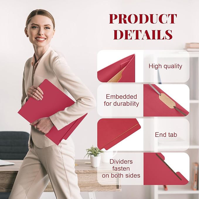 Skyygemm 24 Pack Classification Folders, Letter Size,1 Dividers,Red | Pressboard File Folders, 2 Prong Fasteners, 2" Expanding, Manila, End Tab, for Office School Legal Records Medical - Image 4