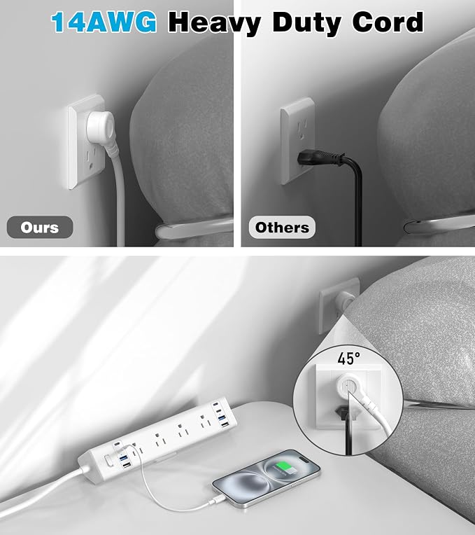 VILONG Desk Clamp Power Strip, Edge Mount, 8AC, 8USB (4 USB-C), 1200J | 40W Fast Charging Station, 6FT 14AWG Cord, Fits 1.9" Desk Edge, Home Office Workstation, White, ETL Listed - Image 6