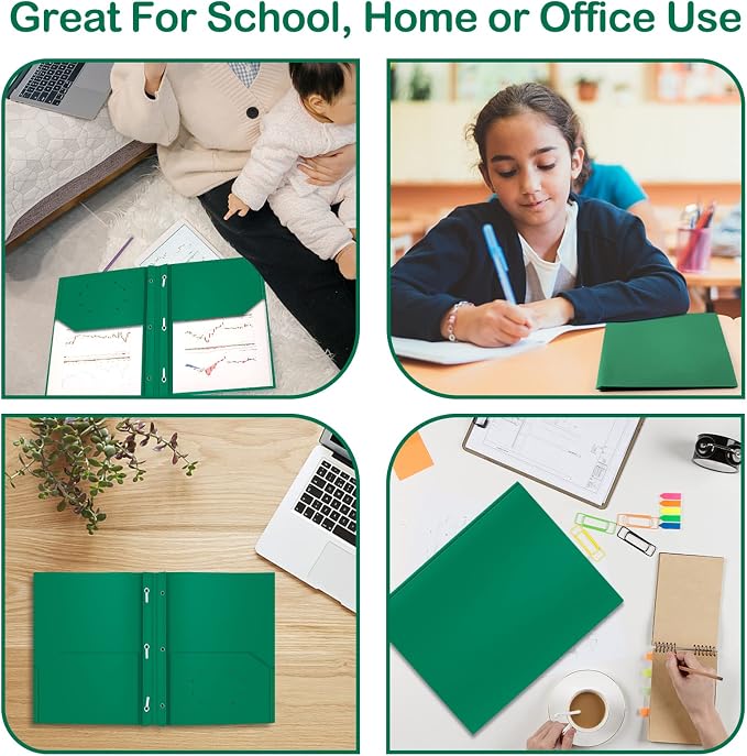 Heavy Duty Plastic Folder, 60 Pack, Pocket Folder with brads, Letter Size Poly File, Plastic Folders with 3 Prongs Fasteners - Green - Image 6