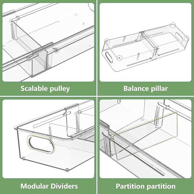 BLULEE 4-in-1 Expandable Drawer Organizer Set, Adjustable Clear Bins | with Dividers for Kitchen, Bathroom, Vanity & Office, Scalable Trays for Cosmetics, Utensils & Desk Accessories (16 Pcs) - Image 4