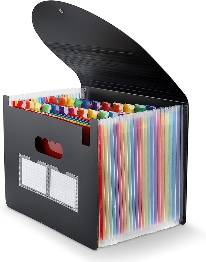 Expanding File Folder, 24 Pocket Accordion A4 Letter Size Portable Document Organizer with Colored Tabs, Expandable Bill Coupon Folder - Black by MAIMIS