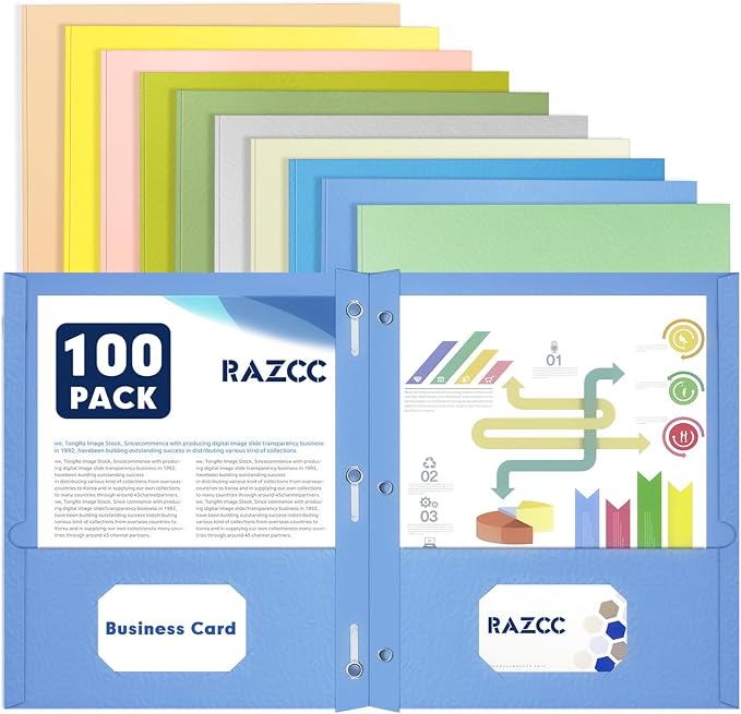 Two Pocket Folders, RAZCC 100 Pack Two Pocket Folders with Prongs, 3 Prong Folders Fit Letter Size Paper, Pocket Paper File Folders for School Office Home Business, Assorted 10 Colors by RAZCC