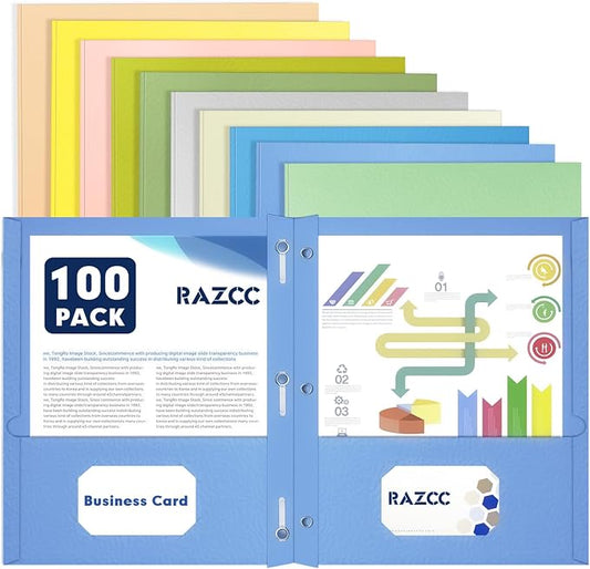 Two Pocket Folders, RAZCC 100 Pack Two Pocket Folders with Prongs, 3 Prong Folders Fit Letter Size Paper, Pocket Paper File Folders for School Office Home Business, Assorted 10 Colors by RAZCC