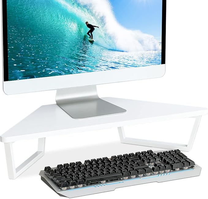 TEAMIX 26 inch White Triangle Monitor Stand Riser, Desktop Corner Shelf with Metal Leg Wood Computer Stand with Storage Laptop Riser Office Organization | Triangle Monitor Stand, Wood & Metal Computer Stand, Laptop Riser, Desktop Organizer, for L Shape... by TEAMIX
