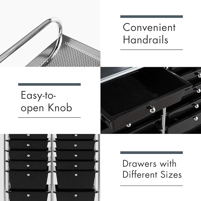 GOFLAME 12-Drawer Rolling Storage Cart, Multipurpose Organizer Cart with 2 Sizes Plastic Drawers, Mobile Utility Cart with Lockable Casters for School, Home Office, Beauty Salon, Black - Image 6