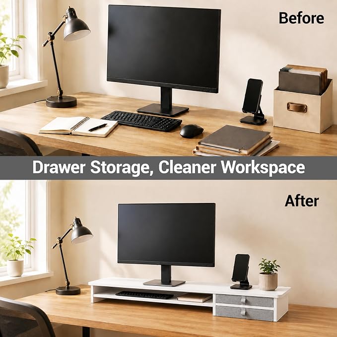 Dual Monitor Stand, 42.5 Inch Wood Monitor Riser with Drawers, 2 Tier Desktop Organizer for Computer Laptop TV, Large Screen Stand for Home Office Desk - Image 7