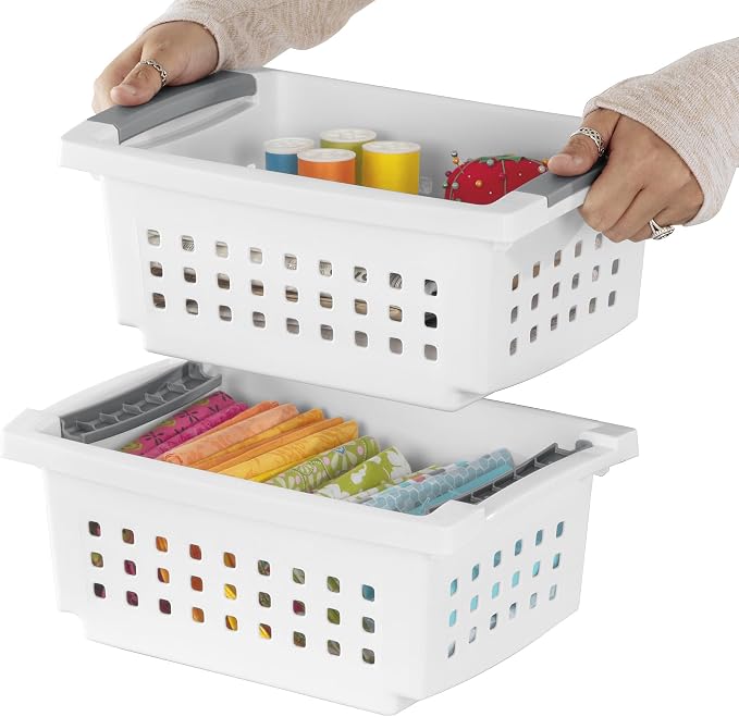 Sterilite 12 Pack Small Stacking Basket, Open Top Storage Bin with Handles, White - Ideal for Home Closets, Kitchens, or Office Organization - Image 4