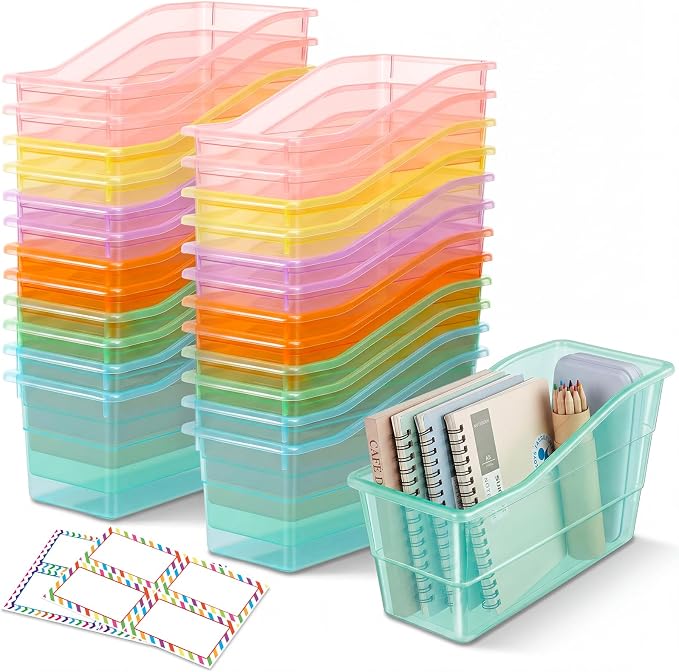 Blosssound 24 Set Book Bins for Classroom with Label Sticker Book Box Baskets Plastic Stackable Organizing Bins Storage & Organization for Classroom Library Home School Supplies (Translucent Pastel) by Blosssound