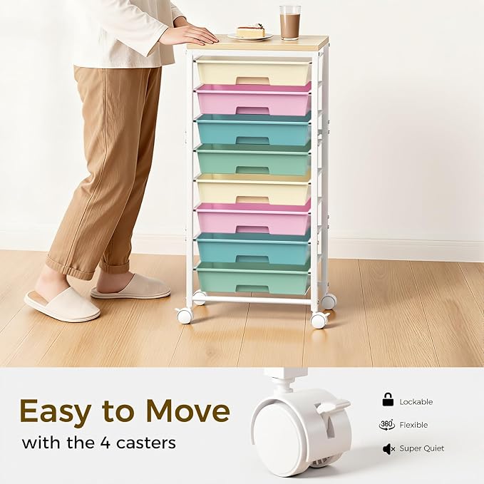 Rolling Cart with 8 Drawers, Plastic Drawer Storage Carts with Wheels & Wooden Tabletop, Metal Utility Cart Organizer for Bedroom Living Room Office Classroom Craft Organization and Storage, Colorful - Image 5